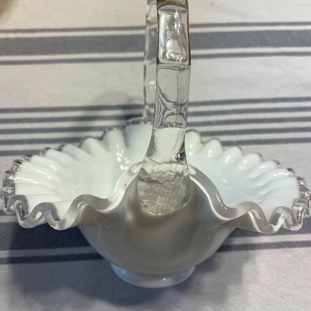White Fenton Mid Century Art Glass Basket Scalloped Edge